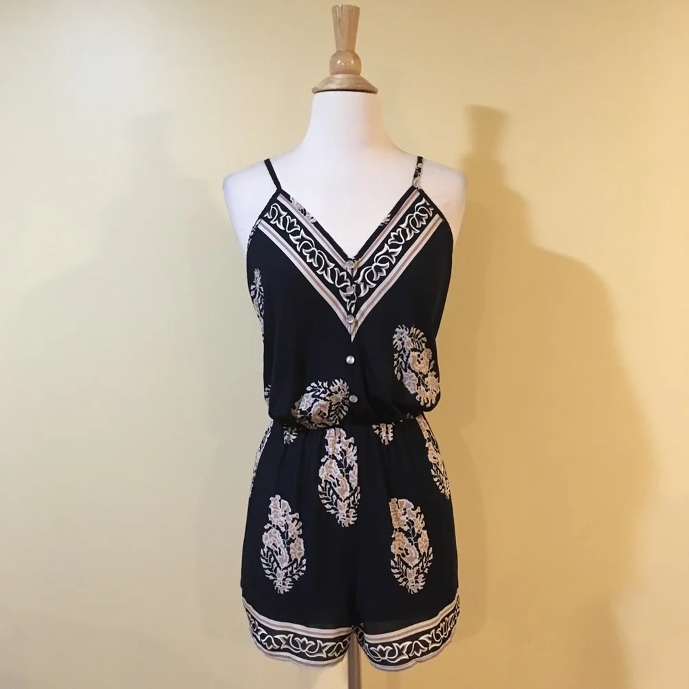 Modern Floral Print Waisted Button Front Romper - Picture 5 of 7